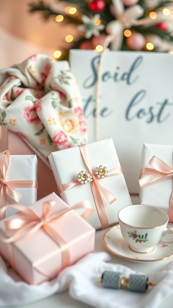 Coquette-inspired Christmas gifts including jewelry, clothing, and decor items arranged with festive decorations.